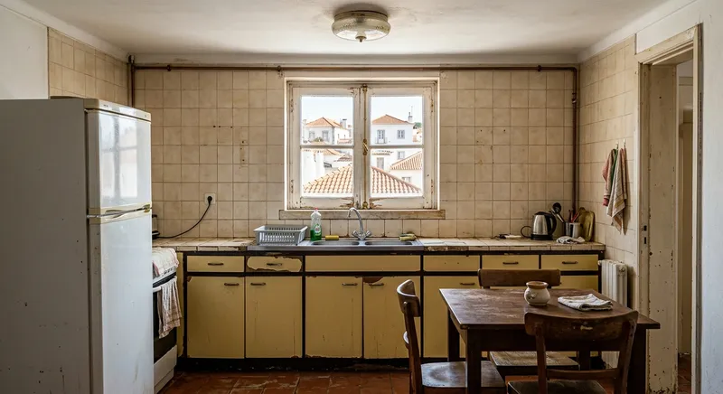 Cozinha antiga com armários gastos e janela de madeira antes da remodelação