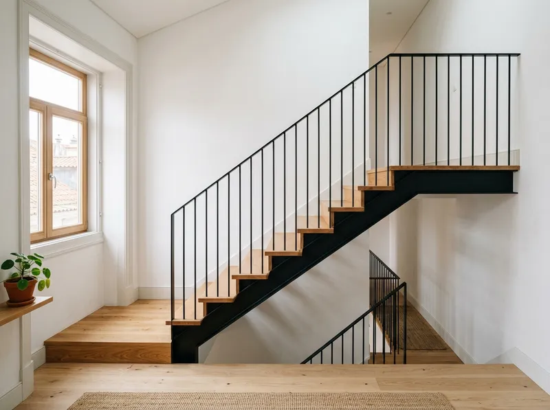Escada interior em aço com degraus de madeira