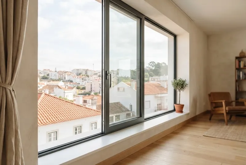 Janela de correr em alumínio anodizado instalada num apartamento em Lisboa